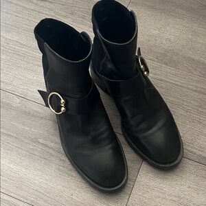 Stuart Weitzman Black Ankle Boots with Gold Buckle